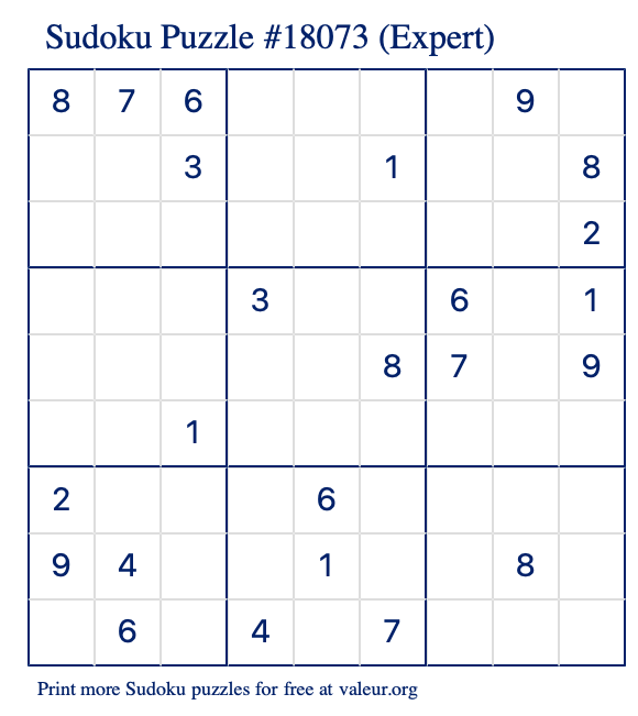 Free Printable Expert Sudoku Puzzle number 18073