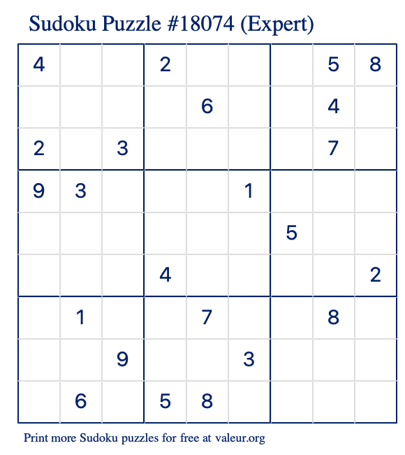 Free Printable Expert Sudoku Puzzle number 18074