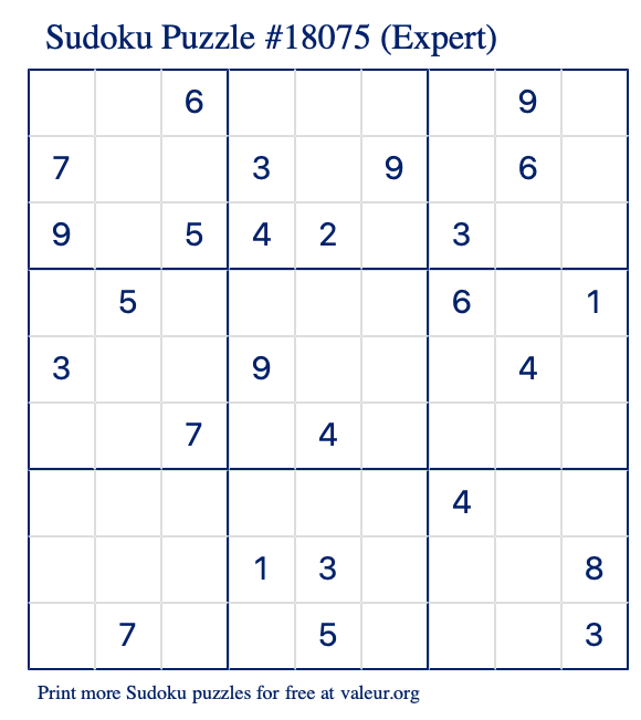 Free Printable Expert Sudoku Puzzle number 18075