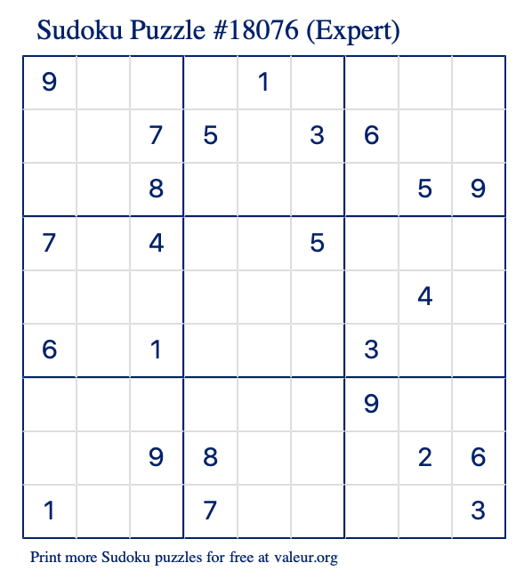 Free Printable Expert Sudoku Puzzle number 18076