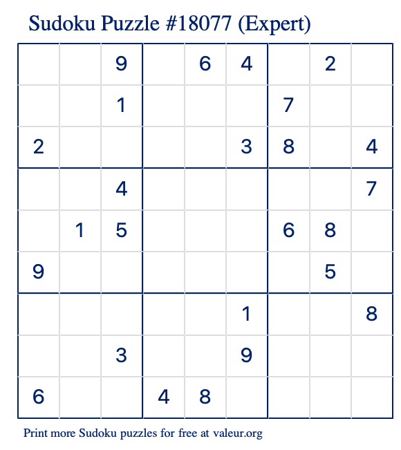 Free Printable Expert Sudoku Puzzle number 18077