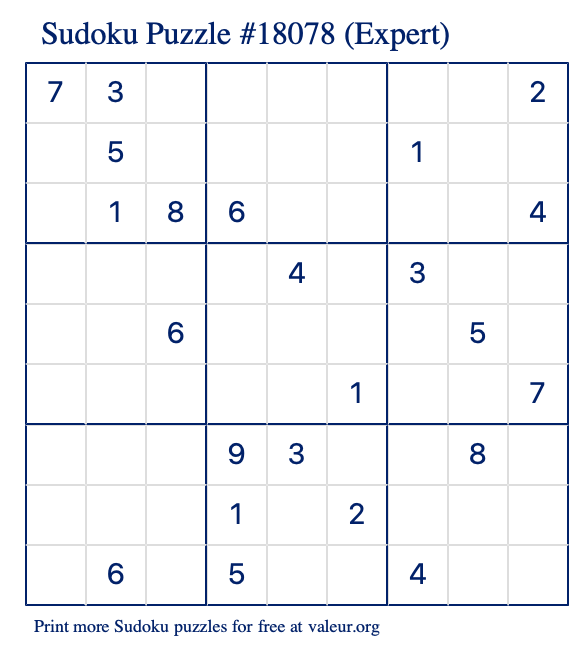 Free Printable Expert Sudoku Puzzle number 18078