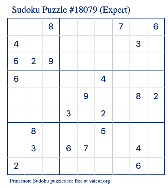 Free Printable Expert Sudoku Puzzle number 18079