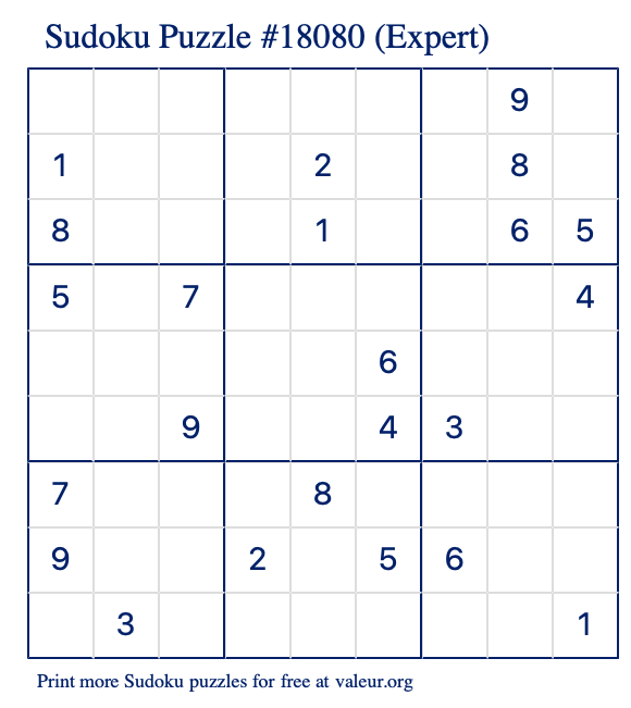 Free Printable Expert Sudoku Puzzle number 18080