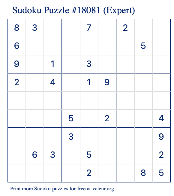 Free Printable Expert Sudoku Puzzle number 18081