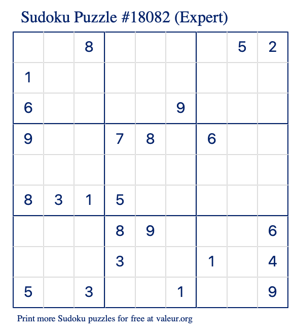 Free Printable Expert Sudoku Puzzle number 18082