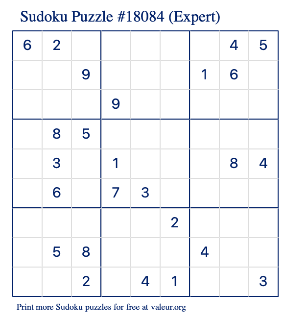 Free Printable Expert Sudoku Puzzle number 18084