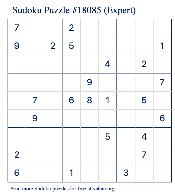 Free Printable Expert Sudoku Puzzle number 18085