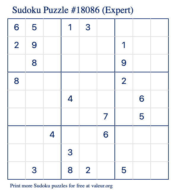 Free Printable Expert Sudoku Puzzle number 18086