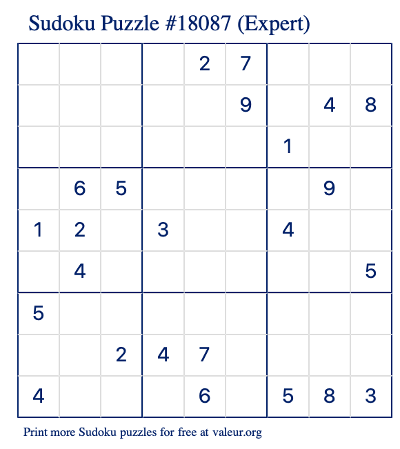 Free Printable Expert Sudoku Puzzle number 18087