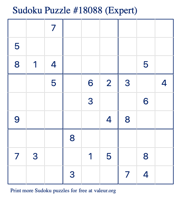 Free Printable Expert Sudoku Puzzle number 18088