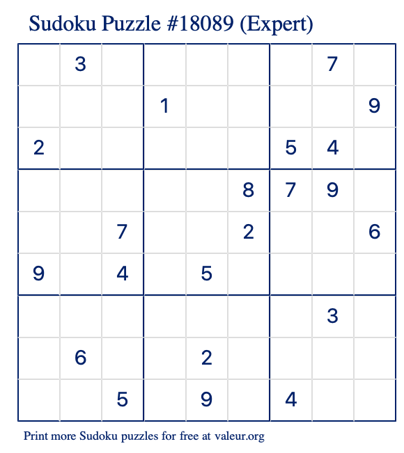 Free Printable Expert Sudoku Puzzle number 18089