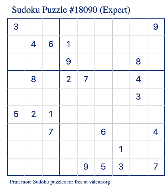 Free Printable Expert Sudoku Puzzle number 18090