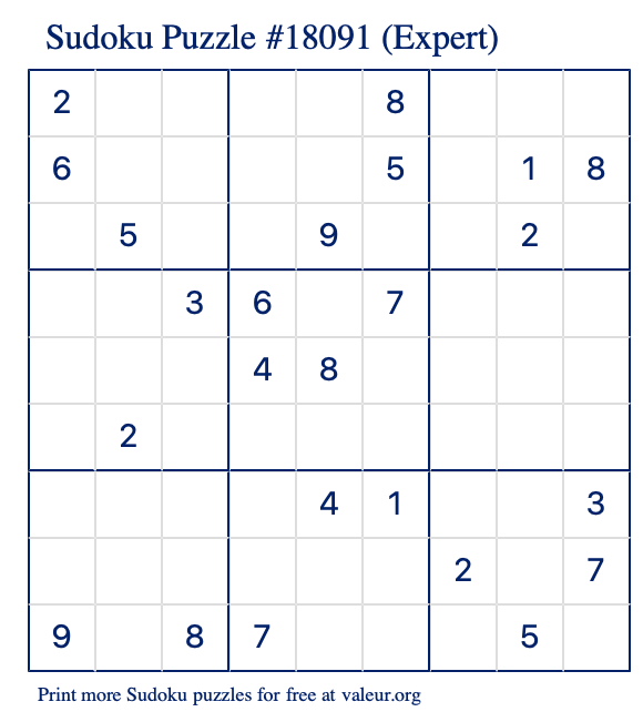 Free Printable Expert Sudoku Puzzle number 18091