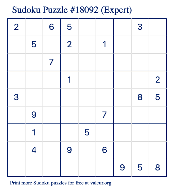 Free Printable Expert Sudoku Puzzle number 18092