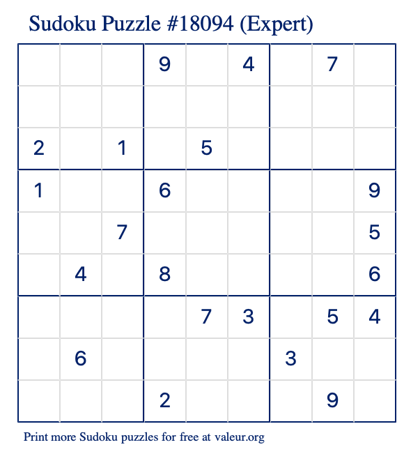 Free Printable Expert Sudoku Puzzle number 18094