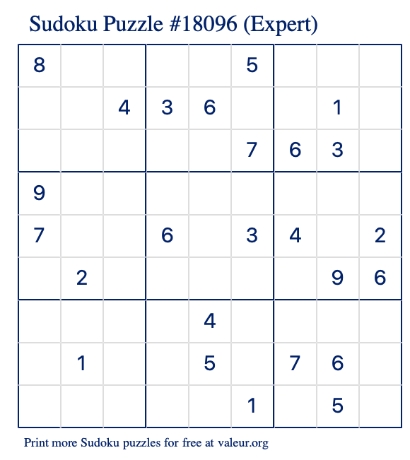 Free Printable Expert Sudoku Puzzle number 18096