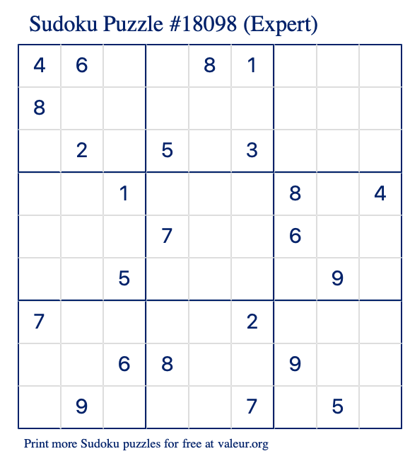 Free Printable Expert Sudoku Puzzle number 18098