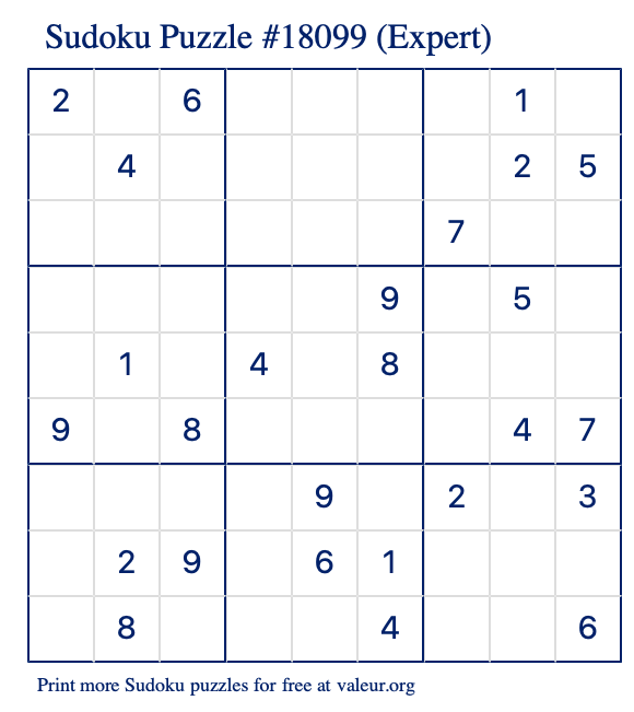 Free Printable Expert Sudoku Puzzle number 18099