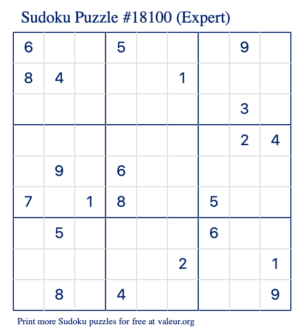 Free Printable Expert Sudoku Puzzle number 18100