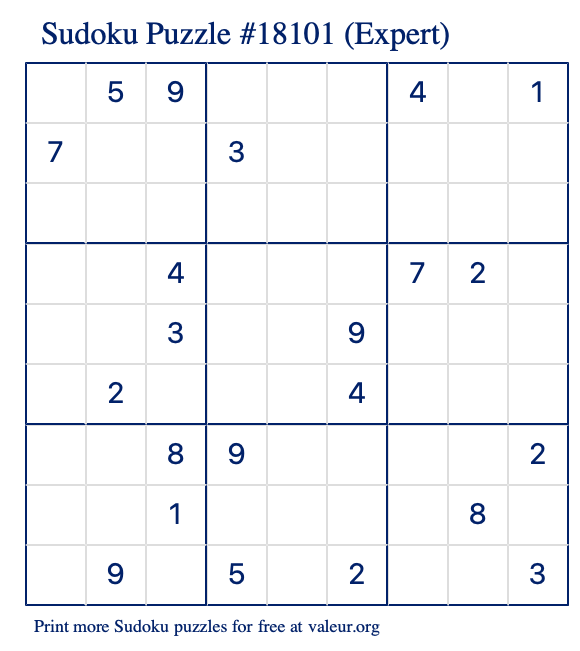 Free Printable Expert Sudoku Puzzle number 18101