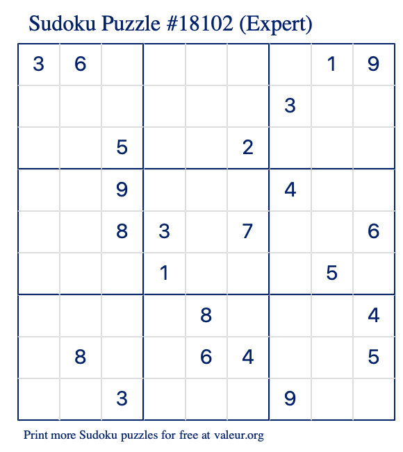 Free Printable Expert Sudoku Puzzle number 18102