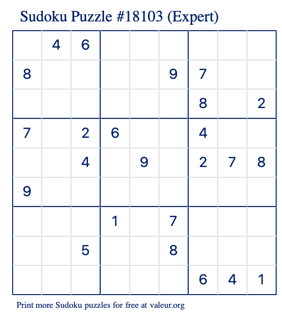 Free Printable Expert Sudoku Puzzle number 18103