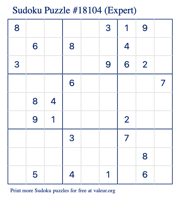 Free Printable Expert Sudoku Puzzle number 18104