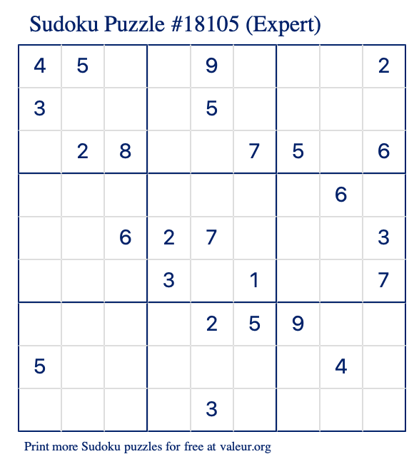 Free Printable Expert Sudoku Puzzle number 18105