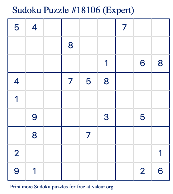 Free Printable Expert Sudoku Puzzle number 18106