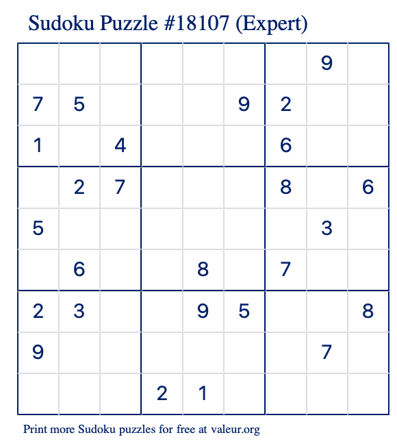 Free Printable Expert Sudoku Puzzle number 18107