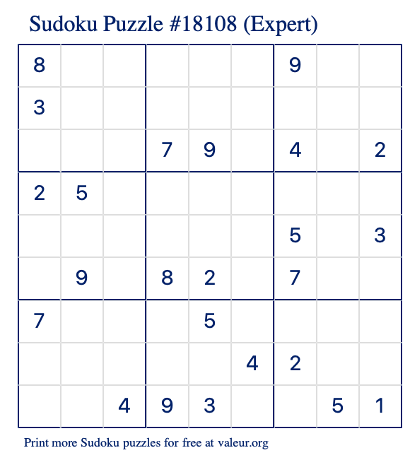 Free Printable Expert Sudoku Puzzle number 18108