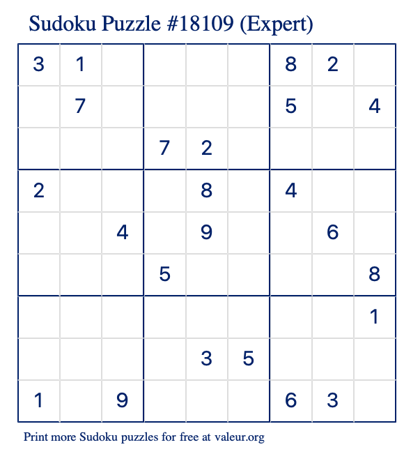 Free Printable Expert Sudoku Puzzle number 18109