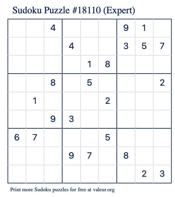 Free Printable Expert Sudoku Puzzle number 18110