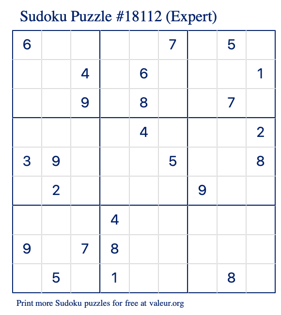 Free Printable Expert Sudoku Puzzle number 18112