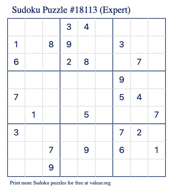 Free Printable Expert Sudoku Puzzle number 18113