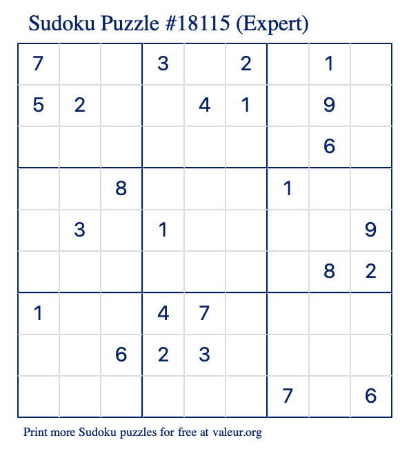 Free Printable Expert Sudoku Puzzle number 18115