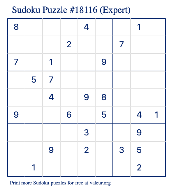 Free Printable Expert Sudoku Puzzle number 18116