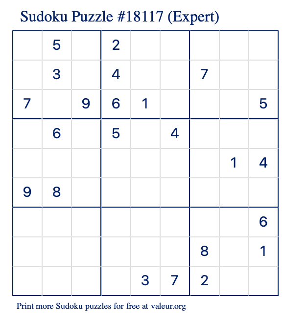 Free Printable Expert Sudoku Puzzle number 18117