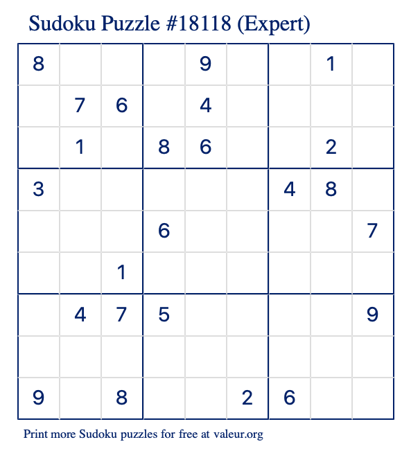 Free Printable Expert Sudoku Puzzle number 18118