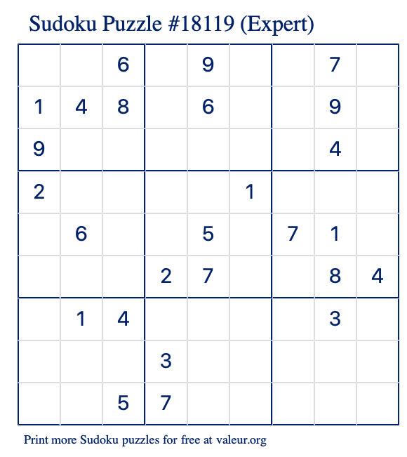 Free Printable Expert Sudoku Puzzle number 18119