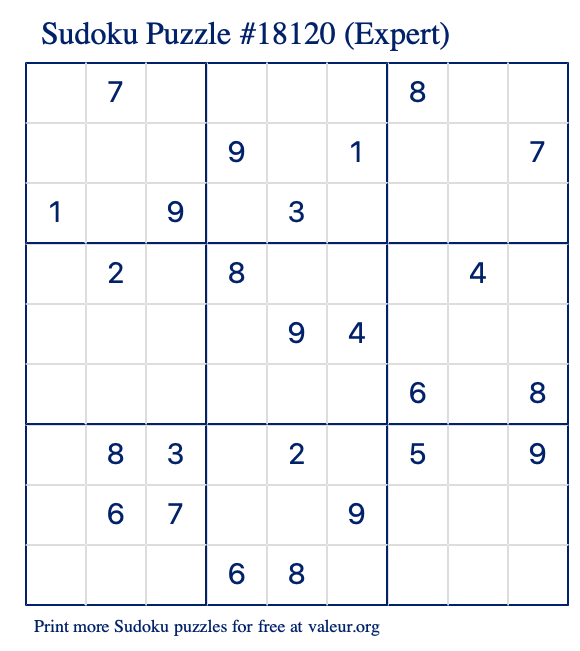 Free Printable Expert Sudoku Puzzle number 18120