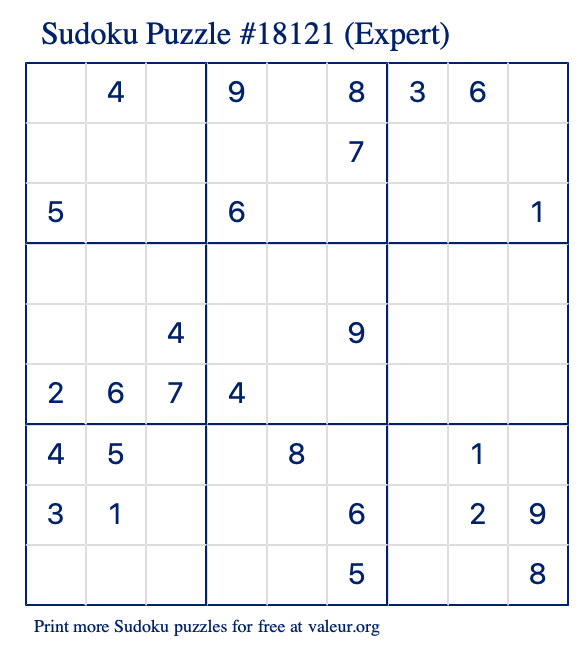Free Printable Expert Sudoku Puzzle number 18121