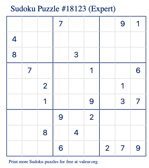 Free Printable Expert Sudoku Puzzle number 18123