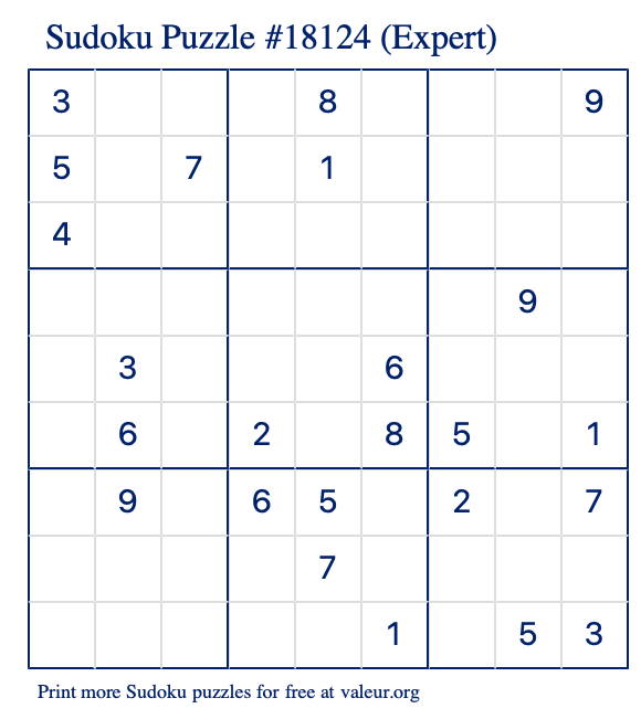 Free Printable Expert Sudoku Puzzle number 18124