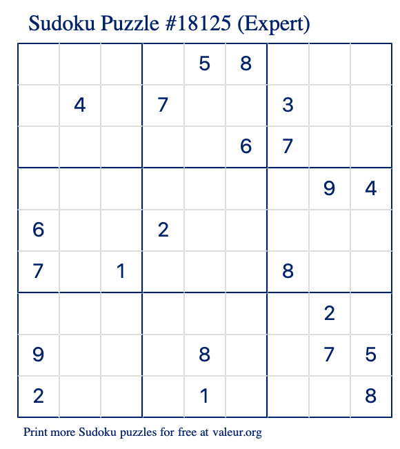 Free Printable Expert Sudoku Puzzle number 18125