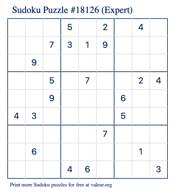 Free Printable Expert Sudoku Puzzle number 18126