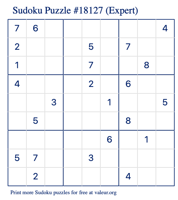 Free Printable Expert Sudoku Puzzle number 18127