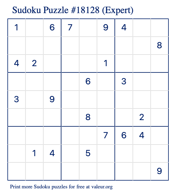 Free Printable Expert Sudoku Puzzle number 18128