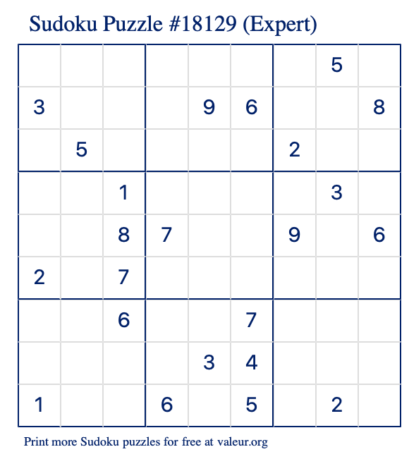 Free Printable Expert Sudoku Puzzle number 18129